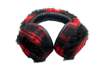 Cozy plaid earmuffs designed for winter warmth during chilly outdoor activities isolated on transparent background