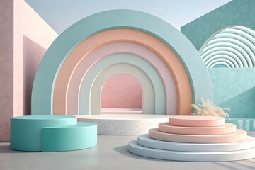 Obraz premium A top-down, eye-level shot features a vertical stack of colorful cubic blocks on a bright cyan blue surface. 