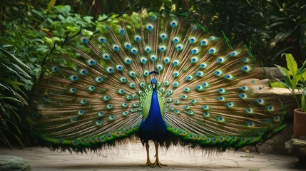 Obraz premium A Colorful Peacock Displaying Its Majestic Feathers For All To See