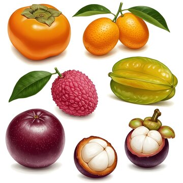 set of asuan tropical fruits isolated on white background