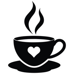 A modern teacup icon with heart shaped steam pattern symbolizing love and warmth