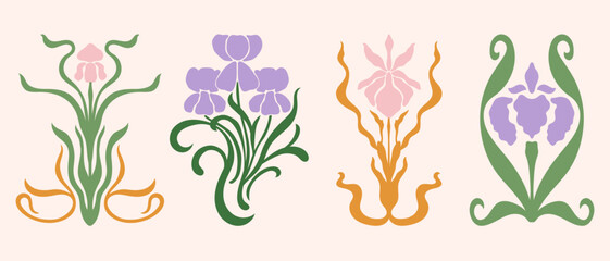 Art Nouveau style flowers vector illustrations set. Vintage abstract florals whimsical symmetric compositions © ArtFM