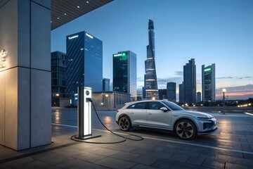 Fototapeta premium A sleek, modern electric car charging station with a car plugged in against a backdrop of a futuristic cityscape at dusk.