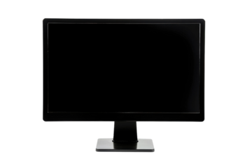 A minimalist black monitor sits on a sleek desk illuminated by soft ambient light in a modern workspace, inviting creativity and focus isolated on transparent background