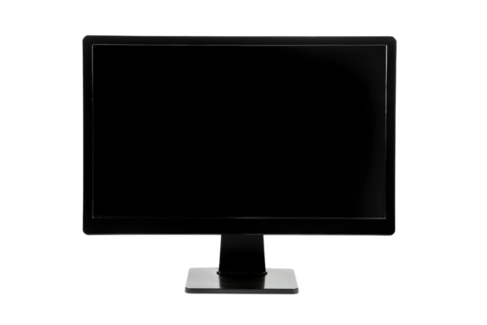 A minimalist black monitor sits on a sleek desk illuminated by soft ambient light in a modern workspace, inviting creativity and focus isolated on transparent background