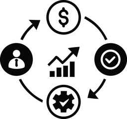 Isolated Black Icons Circled with Arrows Businessman, Dollar Sign, Graph, Cog, Check