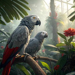 African grey parrots in a jungle aviary, an ultra-detailed scene with lush foliage, natural perches, and the parrots interacting in their vibrant habitat.