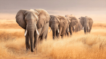Fototapeta premium Herd of Elephants Walking Through Dry Grassland Under Cloudy Sky