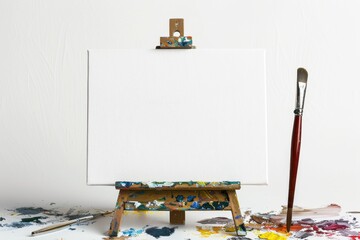 An empty canvas awaits inspiration in a bright, artist's studio filled with colorful paint splatters and a large, soft brush positioned nearby isolated on transparent background