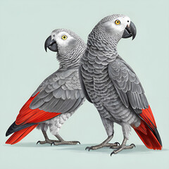 Fototapeta premium African grey parrots, ultra-detailed full-body view, showcasing their striking feathers, intelligent eyes, and vibrant colors in a natural, lifelike setting with rich textures and fine details.