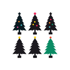 Vector set of green Christmas trees with delicate snow and star decorations