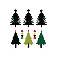A green set of vector Christmas trees, including fir and pine, evokes the winter holiday