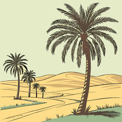 A row of palm tree with western desert