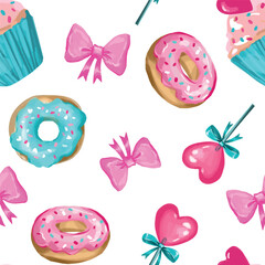 Hand Drawn Seamless Pattern with  candy lollipop and Pink and Blue Donuts on White Background Cute Sweet Food Design