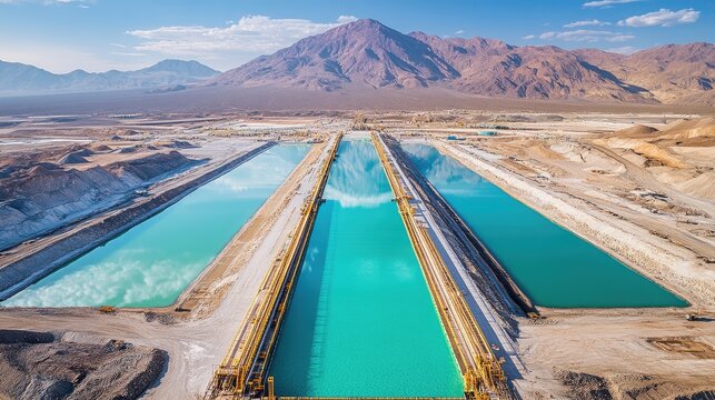 Aerial view of large evaporation ponds with beautiful colors