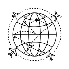 Fototapeta premium globe with airplane route icon, globe with airplane route line art - simple line art of globe with airplane route, perfect for globe with airplane route logos and icons