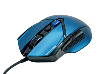 A sleek blue gaming mouse rests on a white surface, showcasing its ergonomic design and precise controls for avid gamers isolated on transparent background