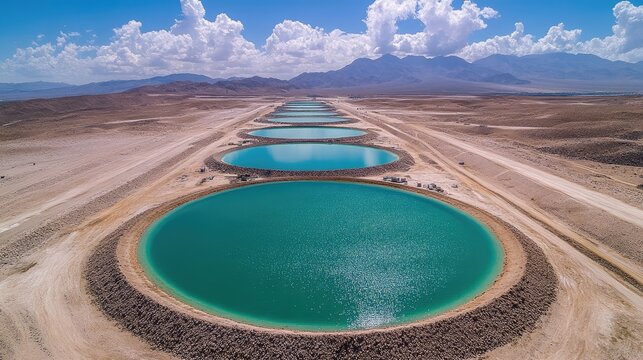 Aerial view shows large circular ponds in desert landscape