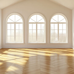 Fototapeta premium Bright and Spacious Empty Room with Arched Windows and Wooden Floor