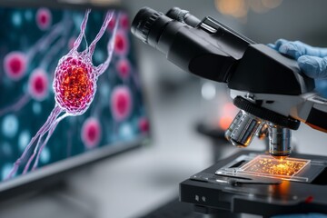 In a modern laboratory, a researcher examines a slide under a microscope while a digital screen displays images of cellular structures