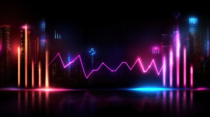 Neon city skyline with glowing graphs, reflective floor