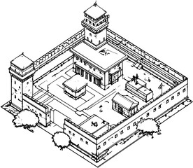 Isometric view of Prison coloring book style, Prison vector graphic