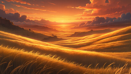 Crimson Skies and Rolling Grass in a Cinematic Valley
