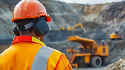 Laborer wearing protective gear operating machinery at a mine. Featuring safety measures