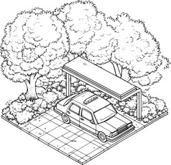 Isometric view of Taxi stand coloring book style, Taxi stand vector graphic