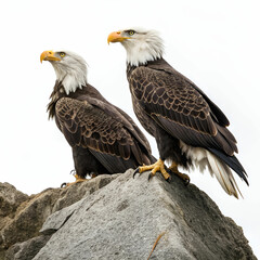 Obraz premium Bald eagles, full-frame ultra-detailed image of two majestic eagles in flight, with their powerful wings spread wide against a dramatic sky, capturing every feather and the intensity of their gaze.