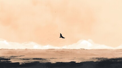 Naklejka premium Soft beige horizon with one black bird in flight
