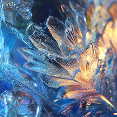 Frozen Fractals: Intricate ice crystals showcase their captivating fractal patterns in mesmerizing detail, a symphony of blues and oranges, evoking a sense of wonder and ethereal beauty. 