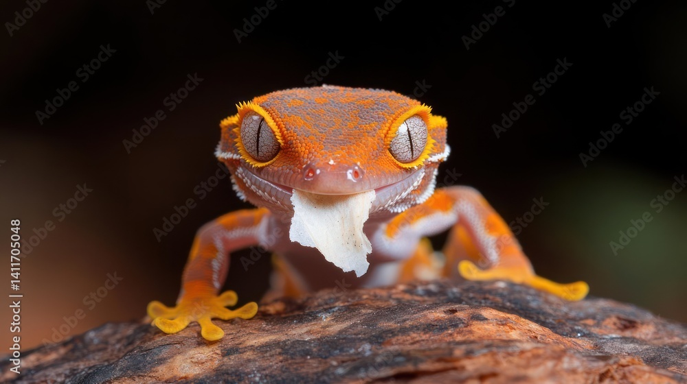 Poster macro shot capturing an orange gecko perched on a textured log, its face directly facing the camera,