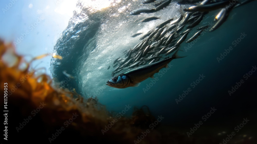 Poster underwater shot capturing a large fish with striking blue eyes swimming towards the camera, surround