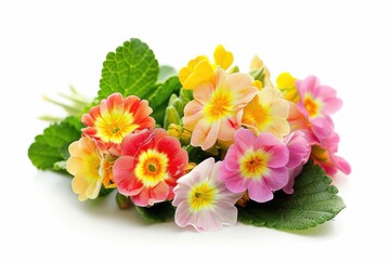 A vibrant bouquet of colorful primroses resting on fresh green leaves, showcasing nature's beauty in bright spring hues isolated on transparent background