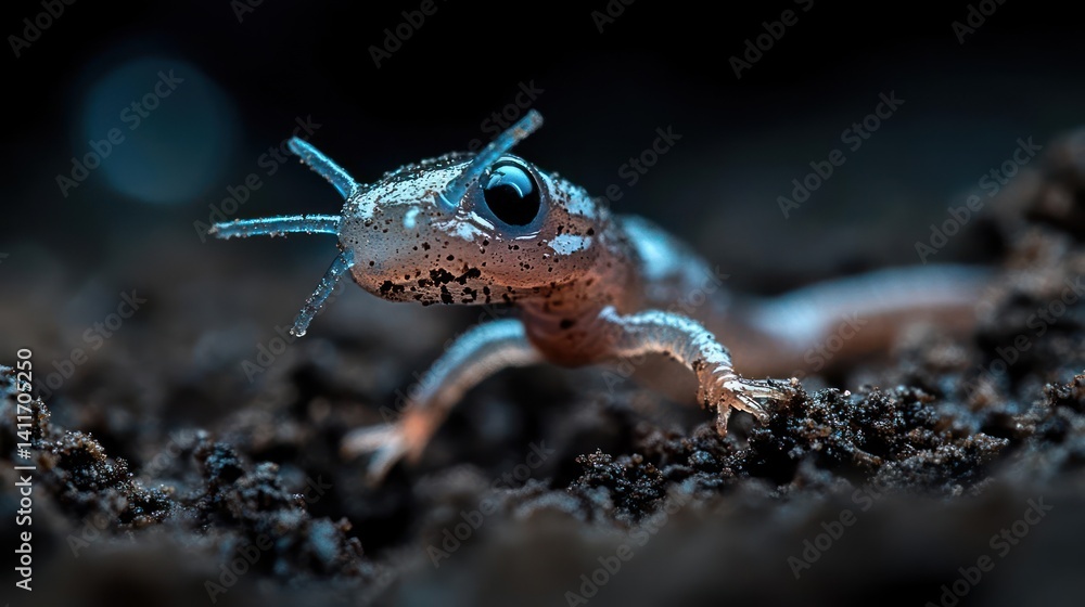 Poster detailed macro shot captures a slender light brown amphibian with distinctive horn-like features on 