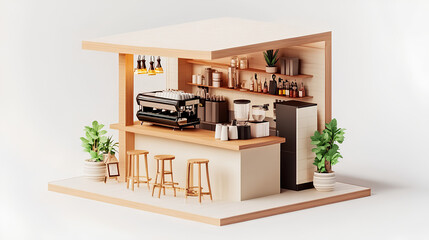 aesthetic cafe room with clean coffee machine, white background