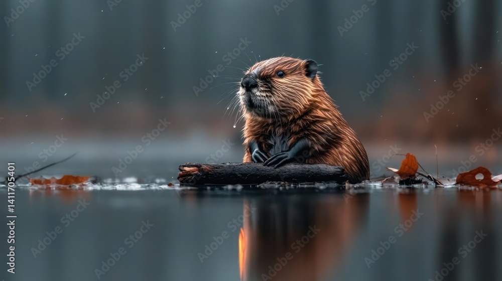 Poster a brown beaver sits in calm water, clasping a log with its forepaws. splashes of water surround its 