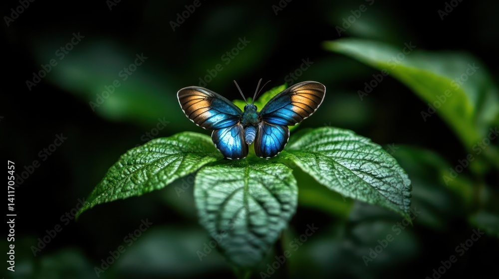 Aufkleber detailed close-up of a blue and copper butterfly with open wings perched on a vibrant green leaf, se