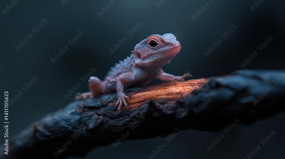 Poster Close up of a small lizard with bumpy skin, perched on a dark branch with orange glow. Its textured skin and the rough branch are prominently featured against a blurred, moody background