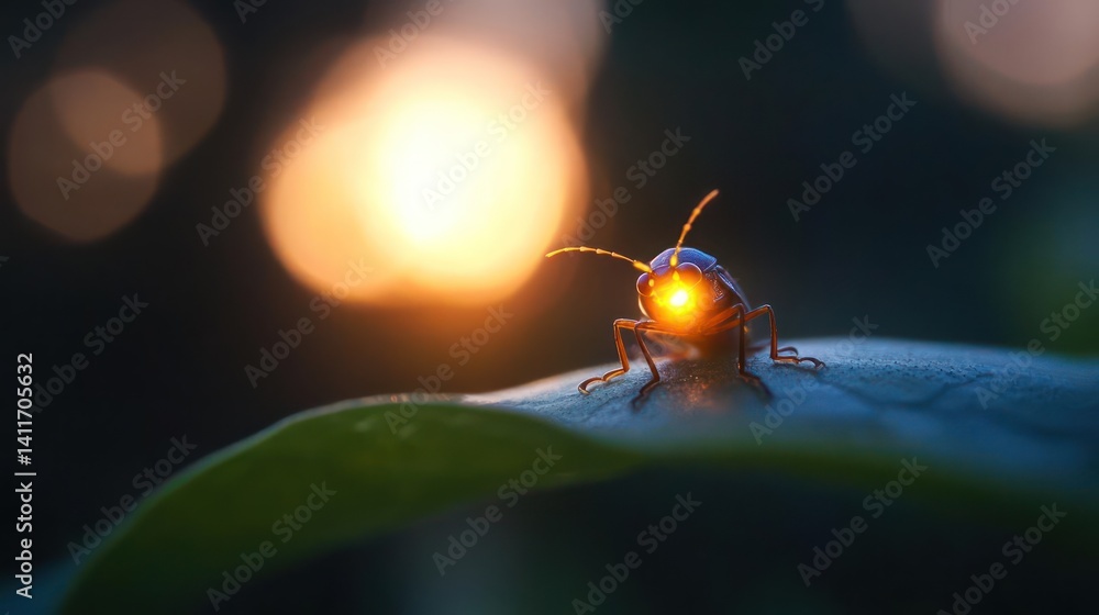 Poster close-up of a beetle with a bioluminescent glow perched on a green leaf, set against a softly blurre