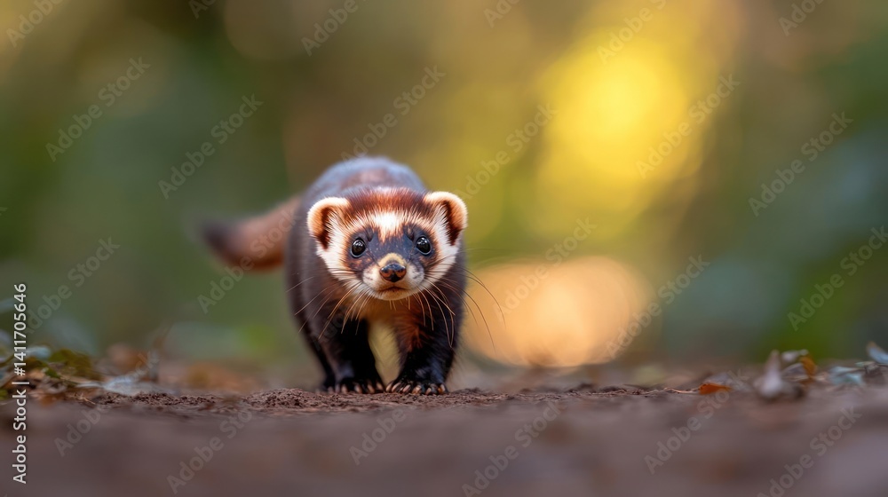 Poster a blurry image capturing a ferret standing on a dirt path. the ferret, with its distinctive black an