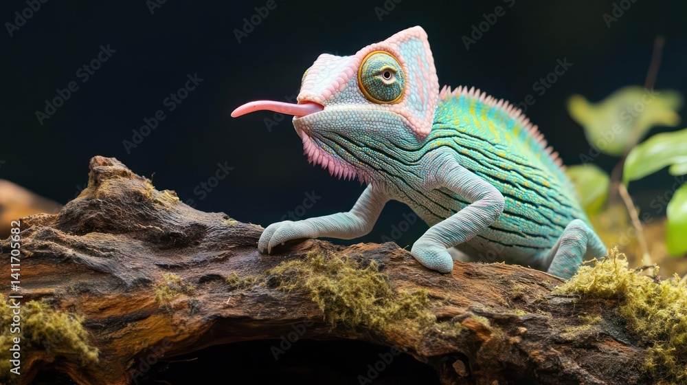 Aufkleber vibrant turquoise chameleon stretches out its pink tongue while perched on a moss covered branch aga