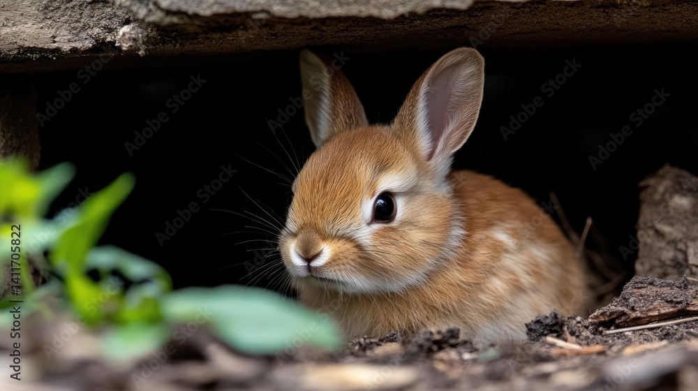 Poster a close up shot captures a furry brown rabbit partially concealed within a dark burrow, framed by gr