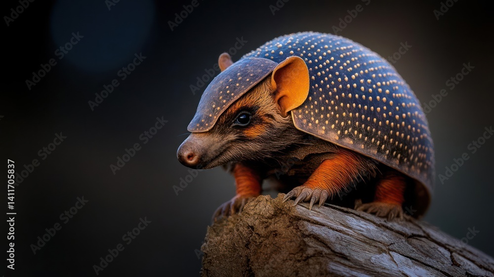 Aufkleber a detailed close-up of a yellow armadillo perched on a weathered wooden log against a dark backgroun