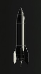 Obraz premium A sleek black and white rocket stands tall, its elongated tail gracefully extended behind it, ready for launch. The contrasting colors highlight its aerodynamic design and powerful presence.