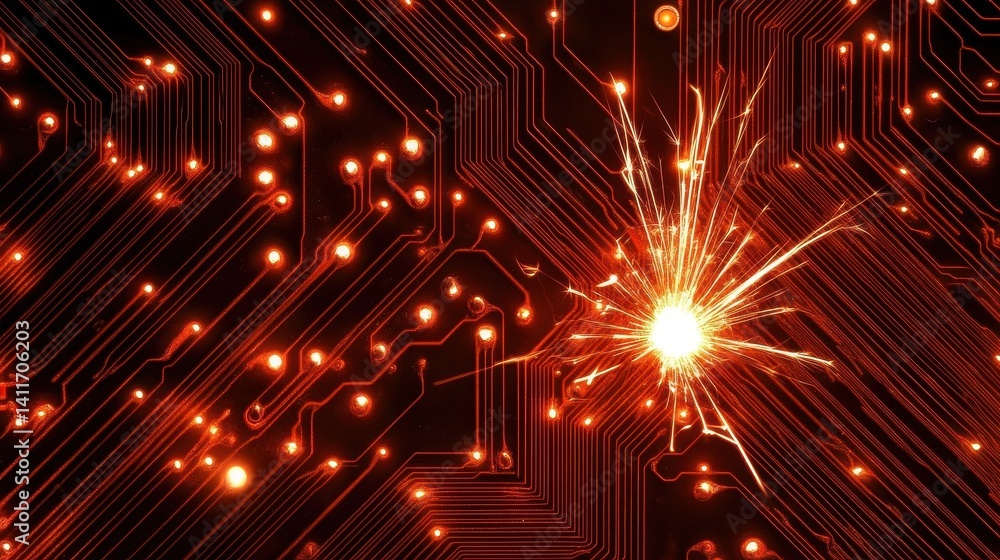 Poster intricate circuit board illuminated with a burst of light.