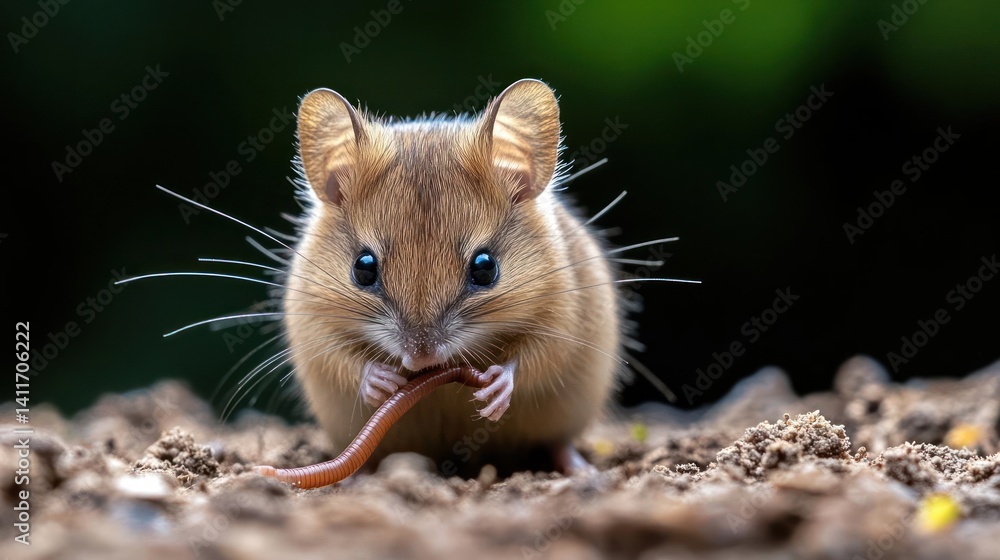 Leinwandbilder a close up view of a small wild brown field mouse with whiskers in brown soil eating an earthworm wi