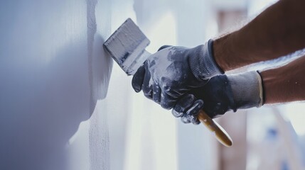 Painter applying primer to wall. Indoor home renovation site