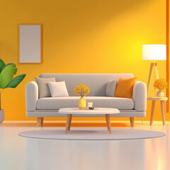 Bright and Modern Living Room with Yellow Accent Wall and Sofa